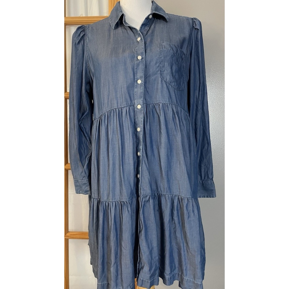 Tiered Button Up Mini Dress Sz L Blue Lyocell Long Sleeve Western Beach Preppy